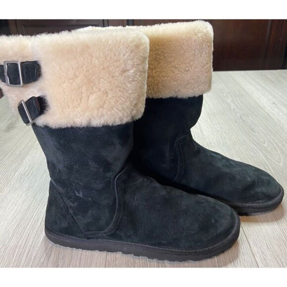 UGG Boot Women 8 Black Buckham Suede Buckle Shearling Cuff Casual Winter 1005413